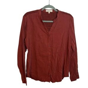 Side Stitch Burnt Orange Raw Hem Button-Up Smocked Shirt